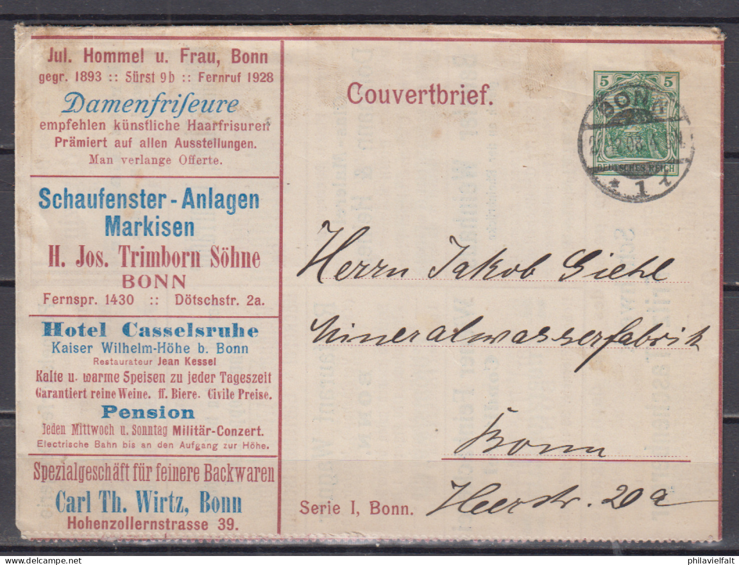 Dt.Reich Privatganzsache Serie I Bonn  "Couvertbrief" Mit Div.Anzeigen Bonner Firmen, Auch Innen ,gebraucht Bonn 1908 - Otros & Sin Clasificación