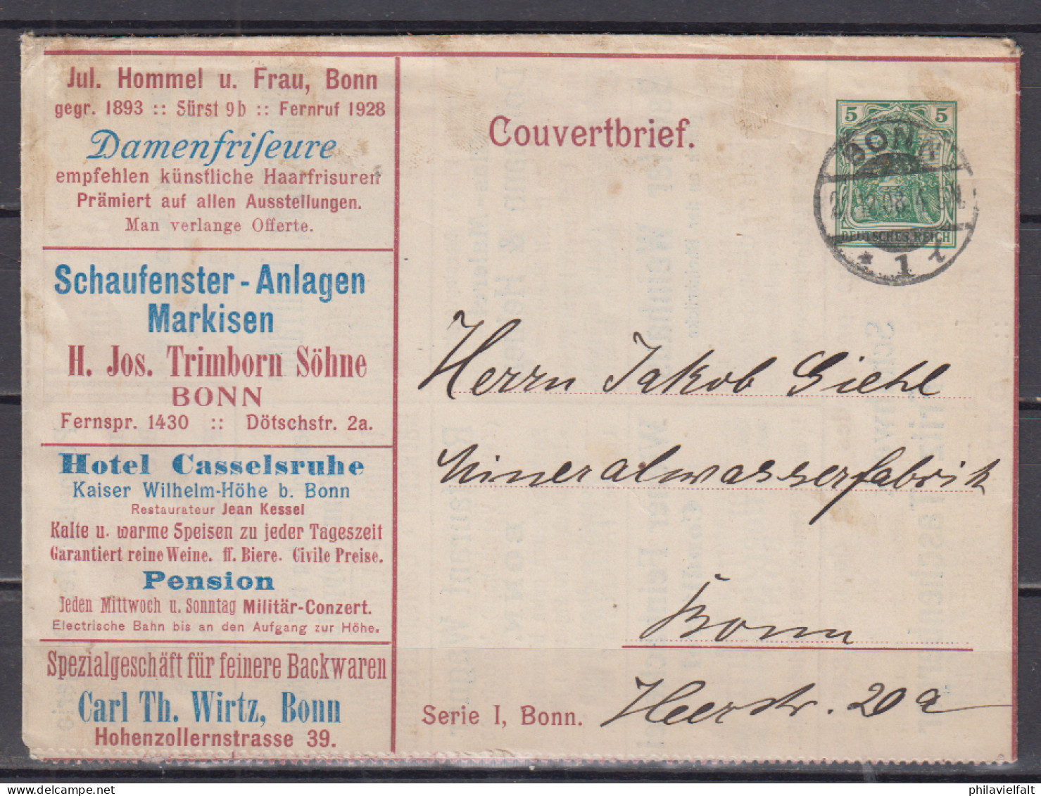 Dt.Reich Privatganzsache Serie I Bonn  "Couvertbrief" Mit Div.Anzeigen Bonner Firmen, Auch Innen ,gebraucht Bonn 1908 - Other & Unclassified