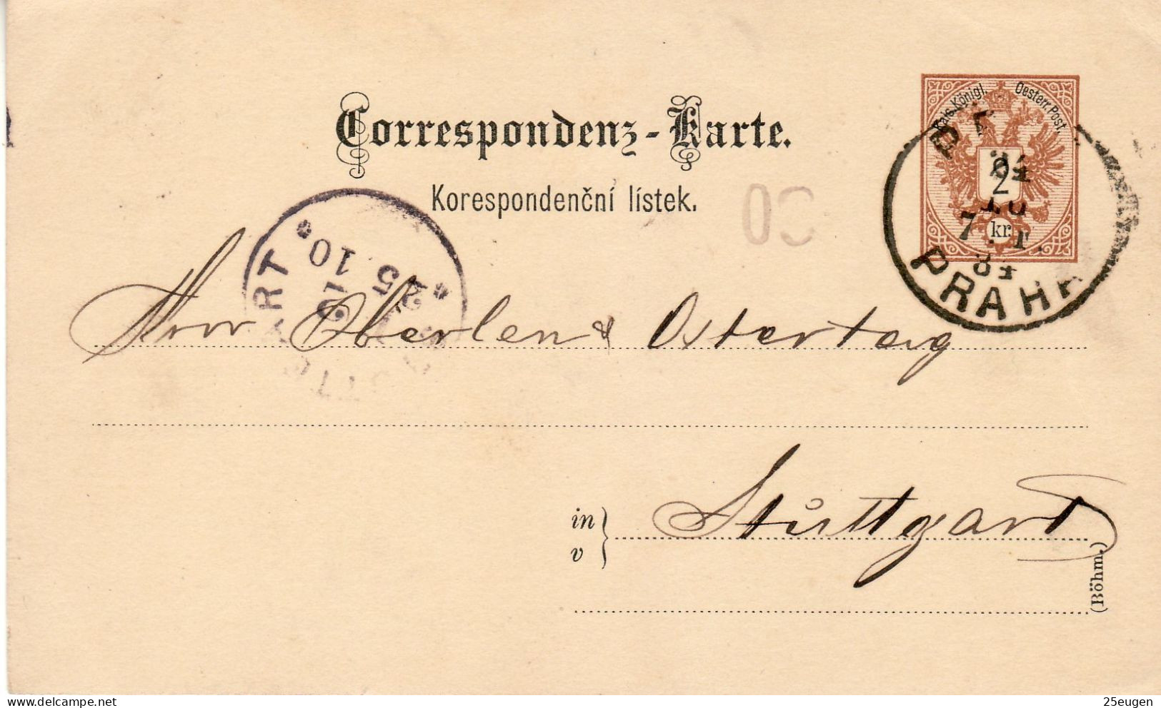 CZECHOSLOVAKIA 1884  POSTCARD SENT FROM PRAHA TO STUTTGART - ...-1918 Prefilatelia