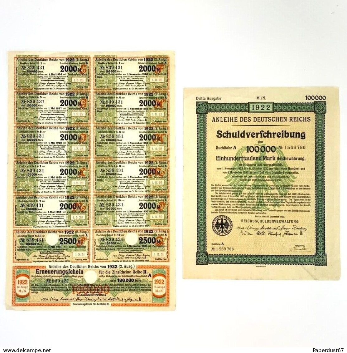 1922 Germany Anleihe Des Deutschen Reichs 100,000 Mark Treasury Bond - Numismatique