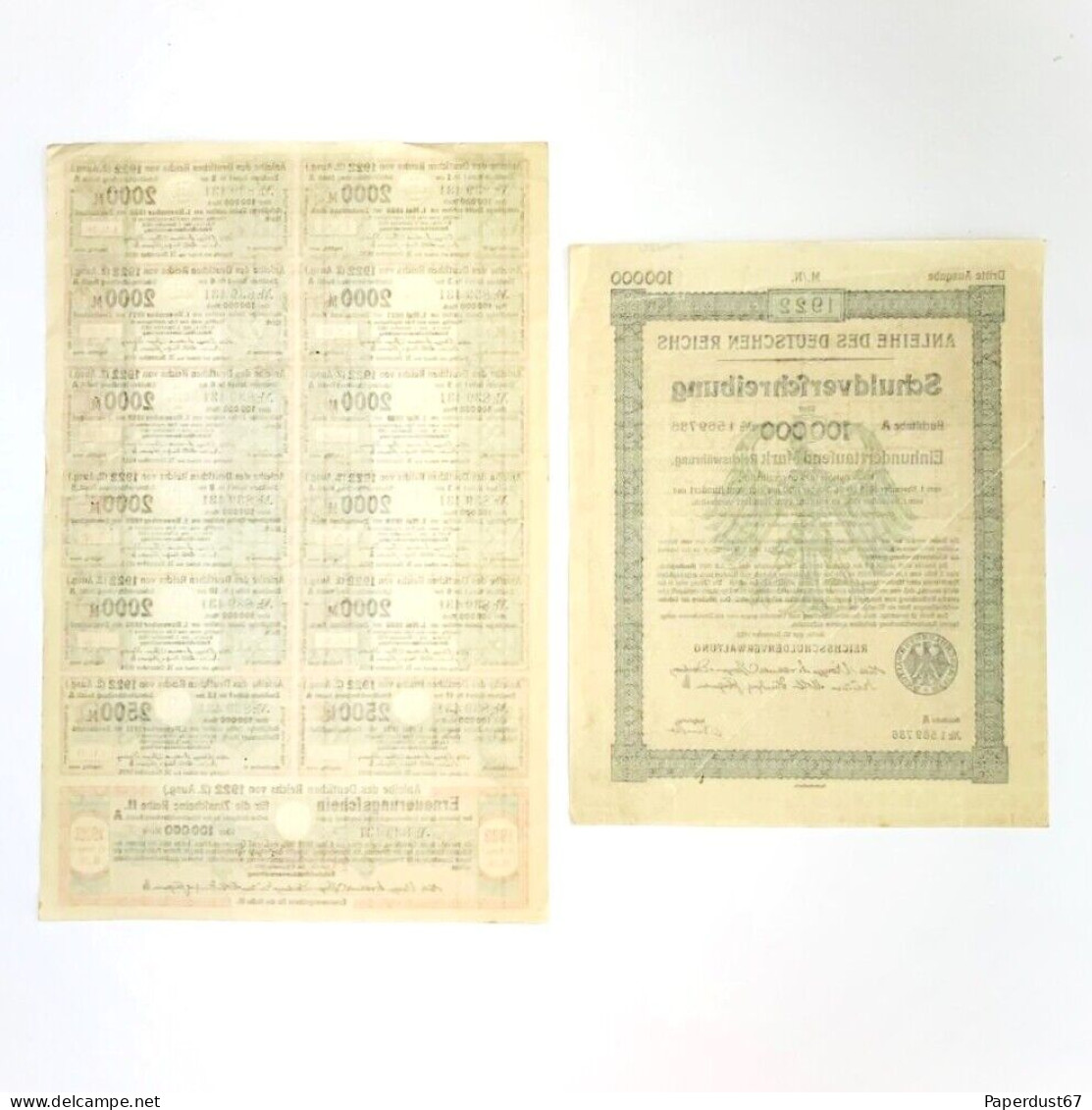 1922 Germany Anleihe Des Deutschen Reichs 100,000 Mark Treasury Bond - Numismatiek