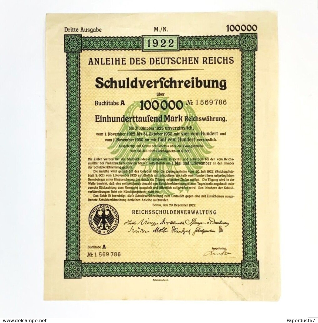 1922 Germany Anleihe Des Deutschen Reichs 100,000 Mark Treasury Bond - Numismatics