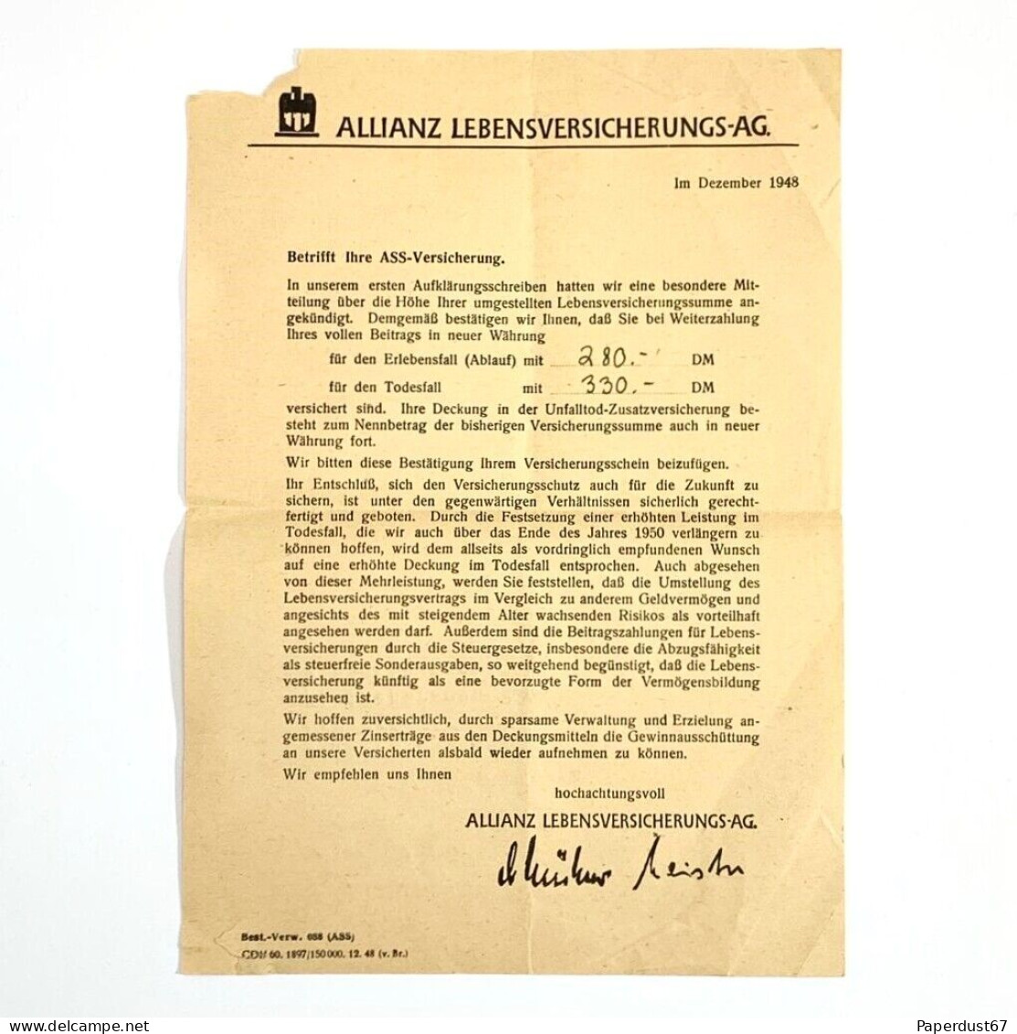 German Life Insurance 1948 Allianz Lebensversicherungs 330 Deutsche Mark - 1900 – 1949