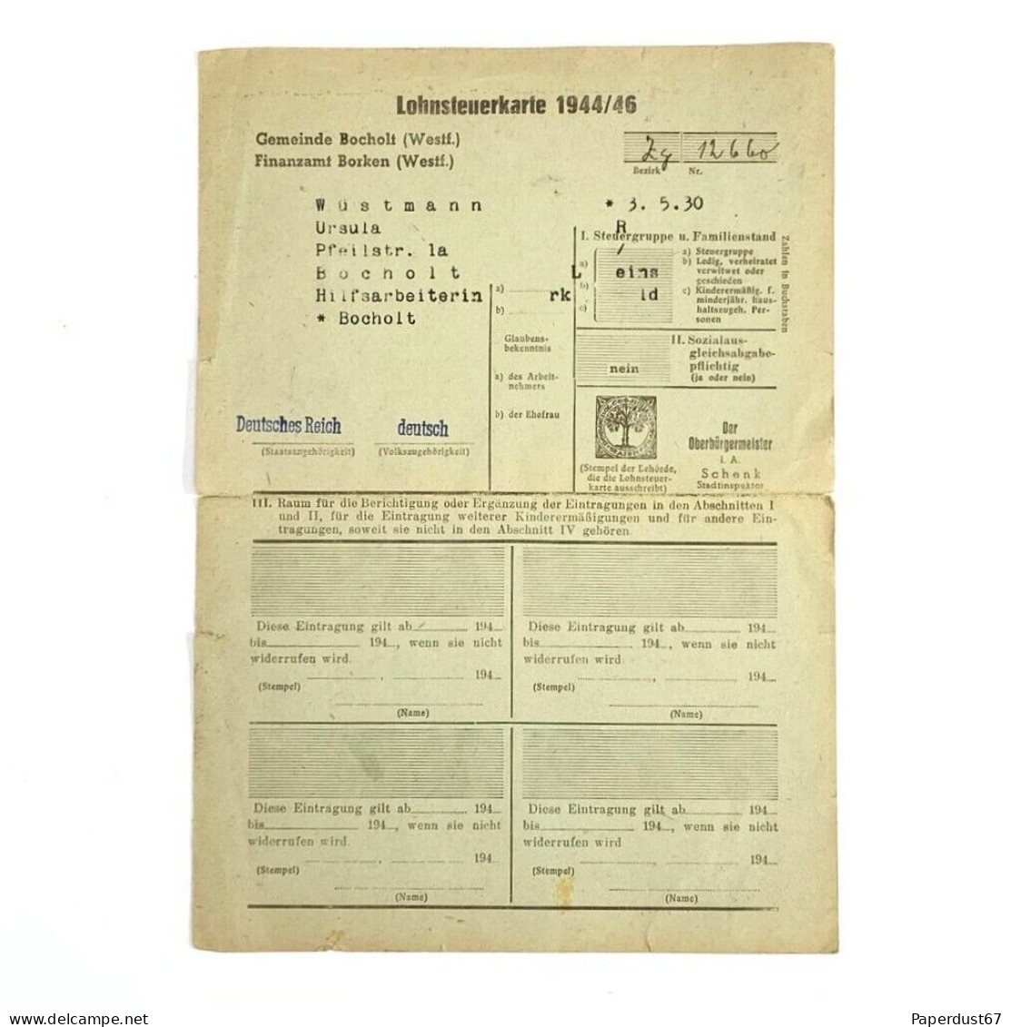 Lohnsteuerkarte 1944/46 Income Tax Card Bocholt Original German Document Document Allemand - 1900 – 1949