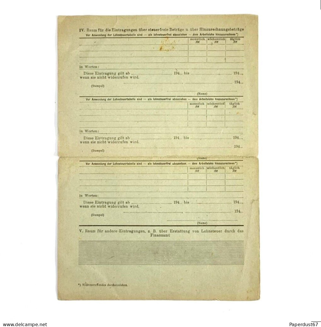 Lohnsteuerkarte 1944/46 Income Tax Card Bocholt Original German Document Document Allemand - 1900 – 1949