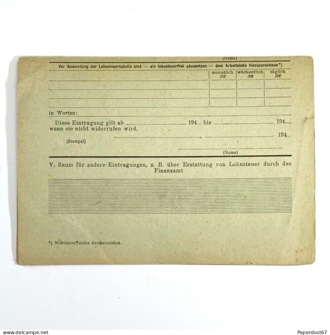 Lohnsteuerkarte 1944/46 Income Tax Card Bocholt Original German Document Document Allemand - 1900 – 1949