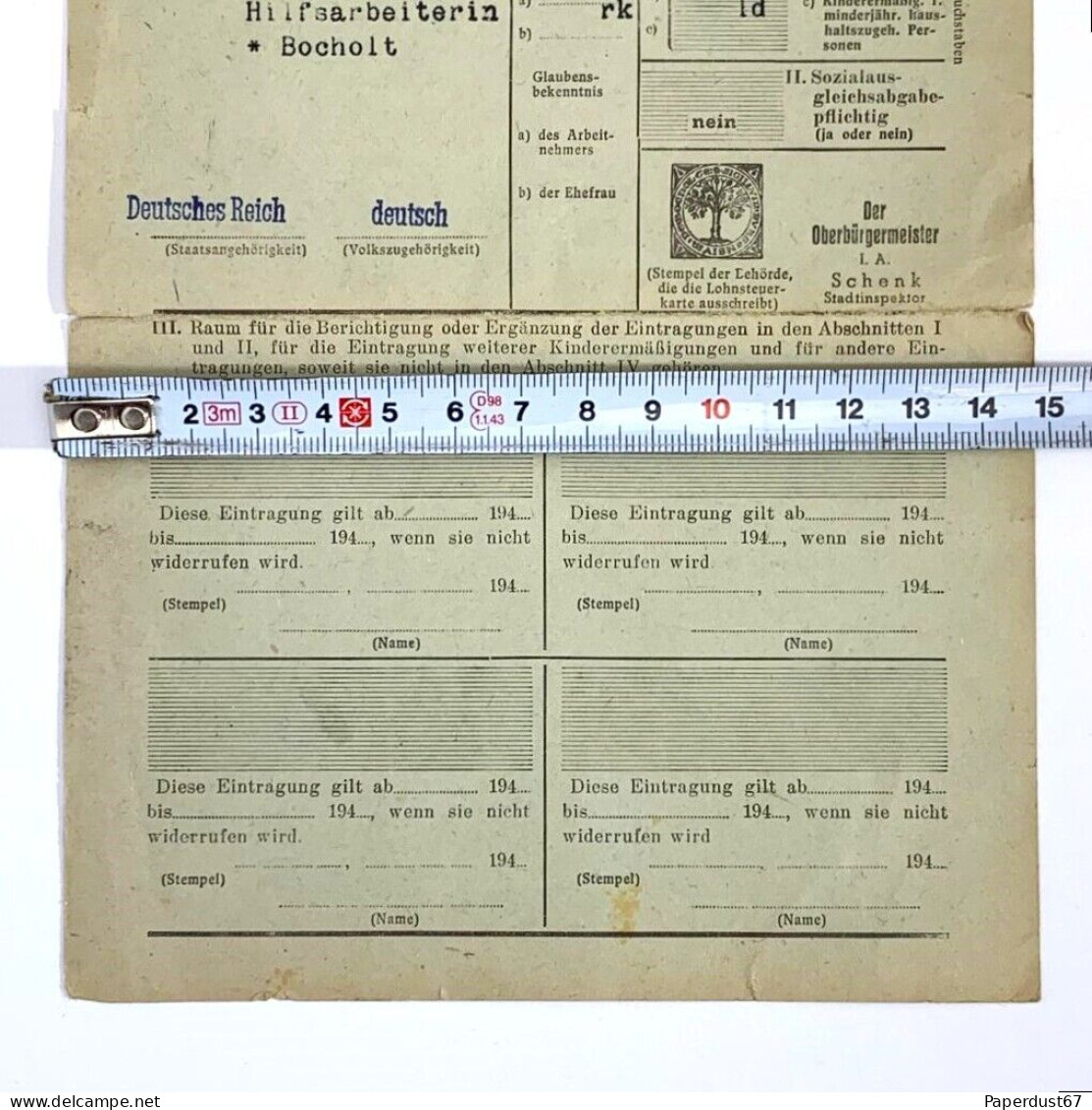 Lohnsteuerkarte 1944/46 Income Tax Card Bocholt Original German Document document allemand