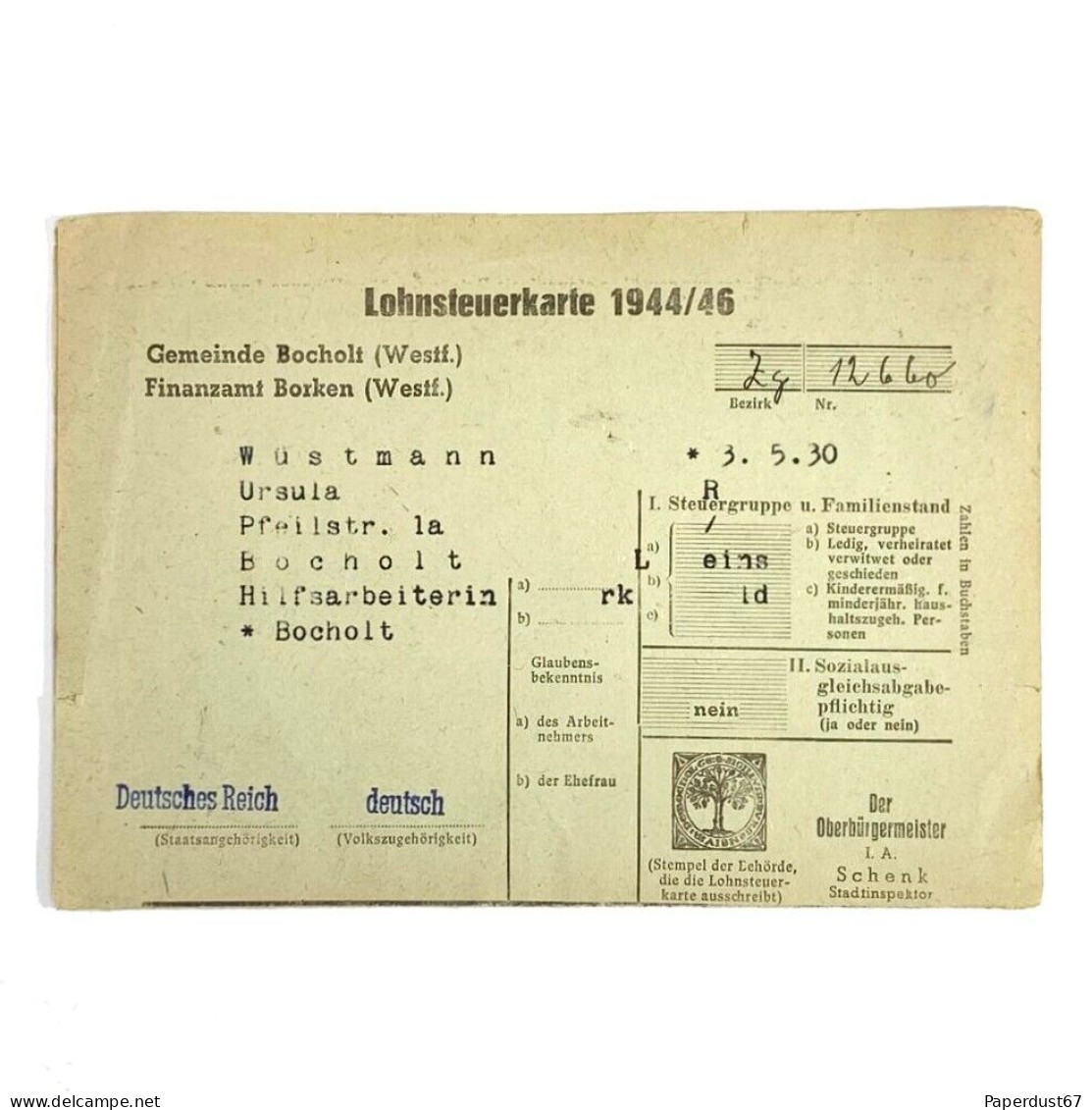 Lohnsteuerkarte 1944/46 Income Tax Card Bocholt Original German Document document allemand