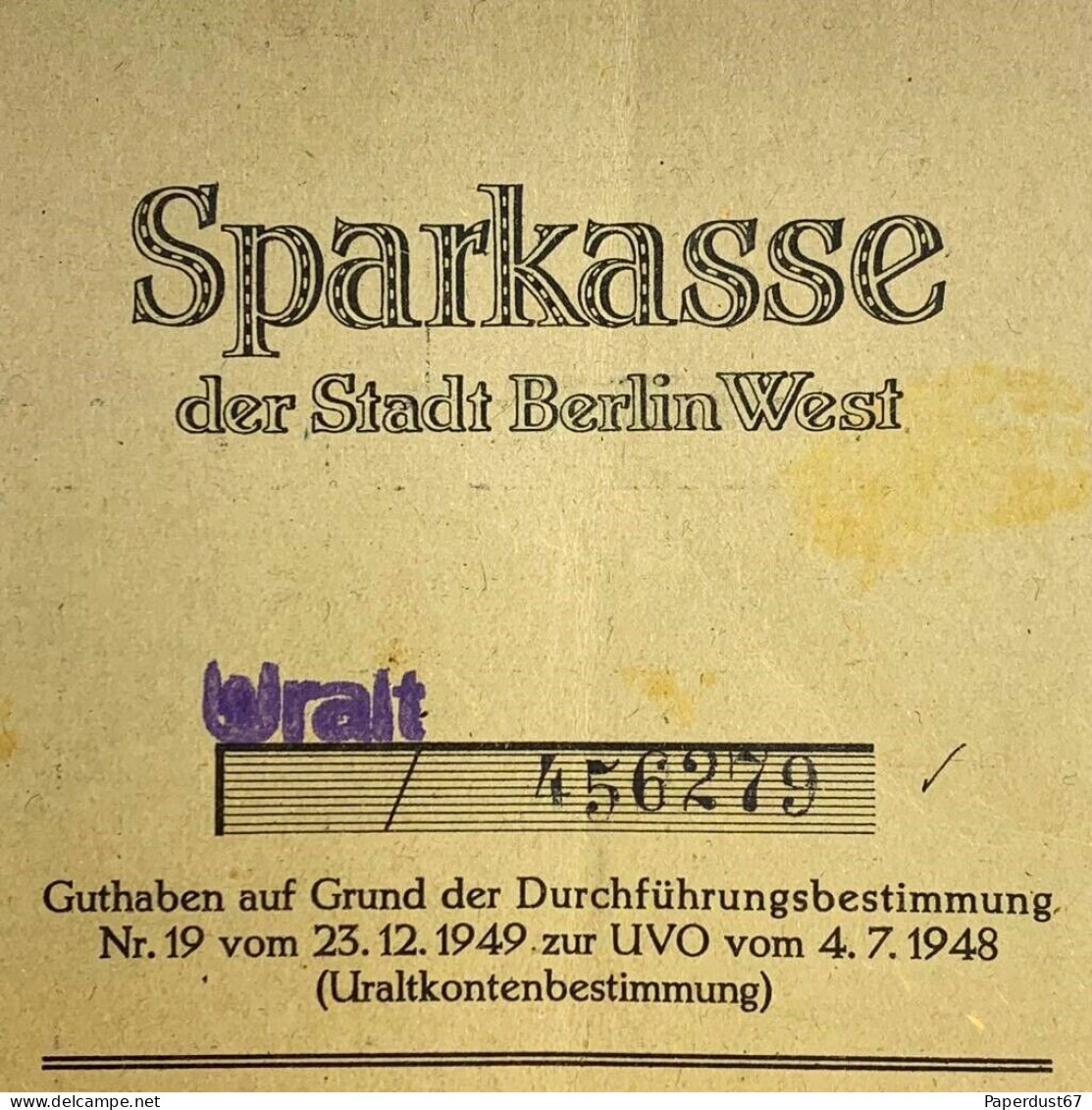 Sparkasse West Berlin Sparkassenbuch 1950-1952 German Savings Book Document Allemand - 1950 - ...