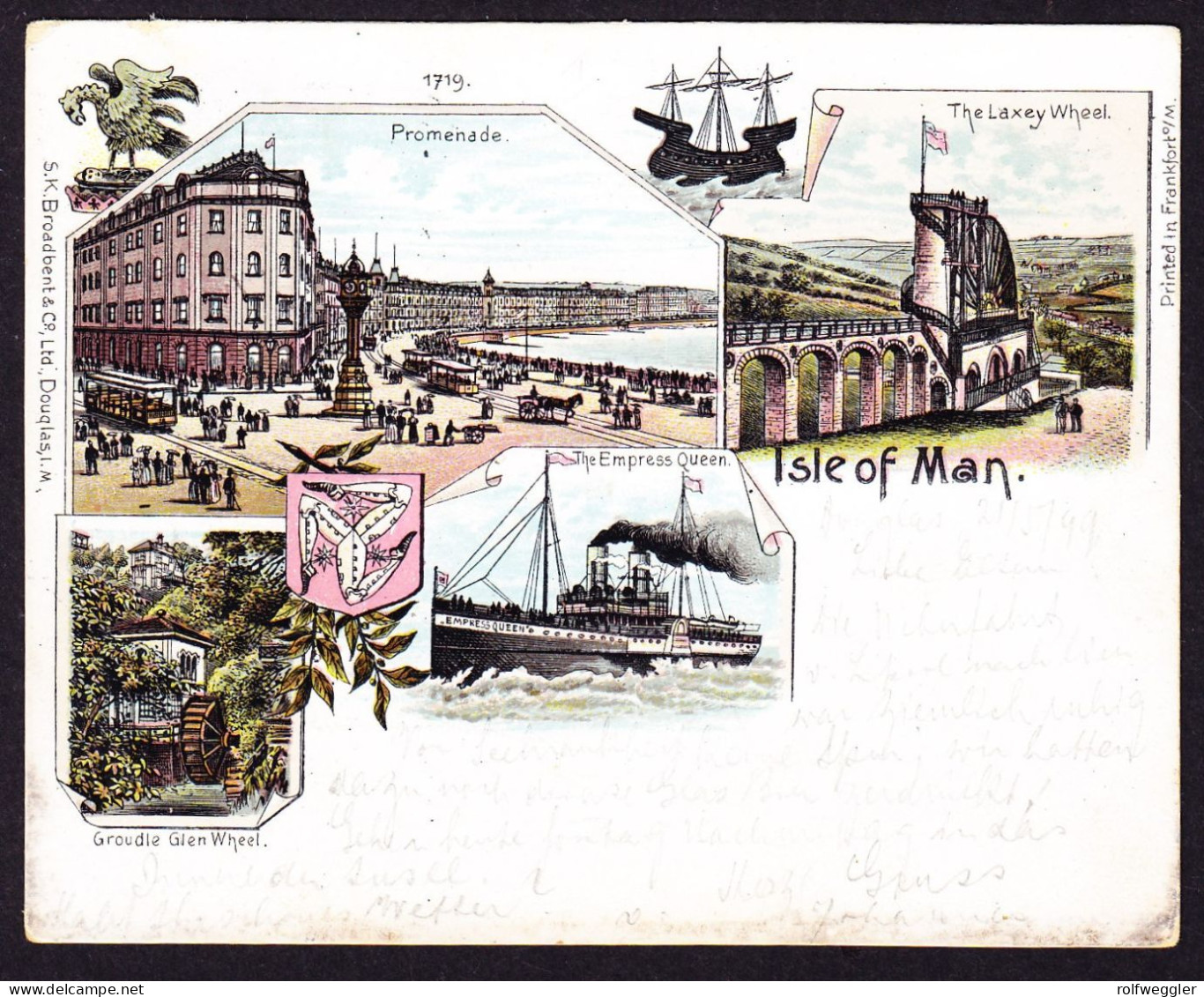 1899 Gelaufene Litho AK, 5 Bildrig Mit Dampfschiff, Gestempelt DOUGLAS ISLE OF MAN. Minim Fleckig - Ile De Man