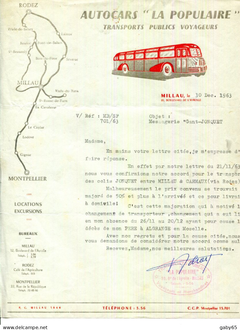 FACTURE.12.AVEYRON.MILLAU.TRANSPORTS PUBLICS VOYAGEURS.AUTOCARS " LA POPULAIRE " 28 BOULEVARD DE L'AYROLLE. - Verkehr & Transport