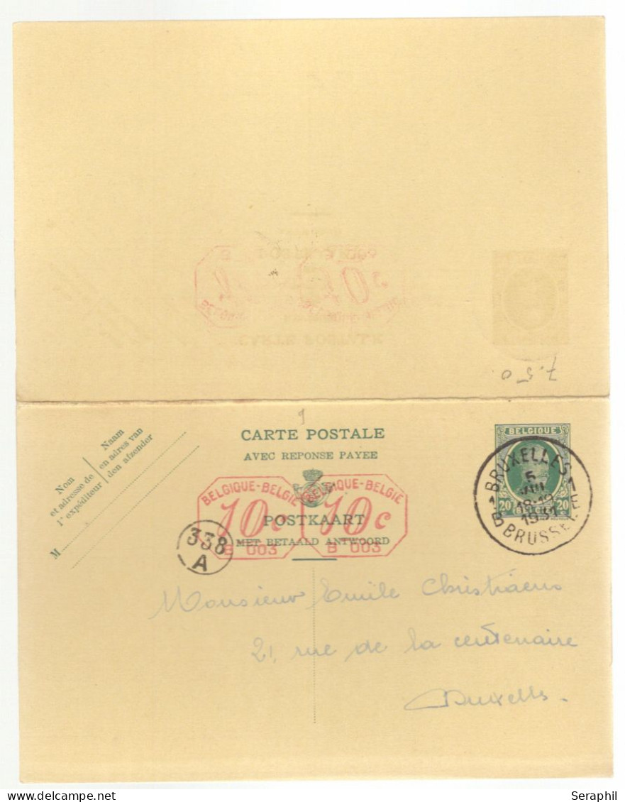 Entier Postal Type Houyoux N° 72 I - FN - 20 + 20c Vert - Avec Réponse Payée -  B003 2x 10c (RARE)  - 1931 - Cartes Avec Réponse Payée
