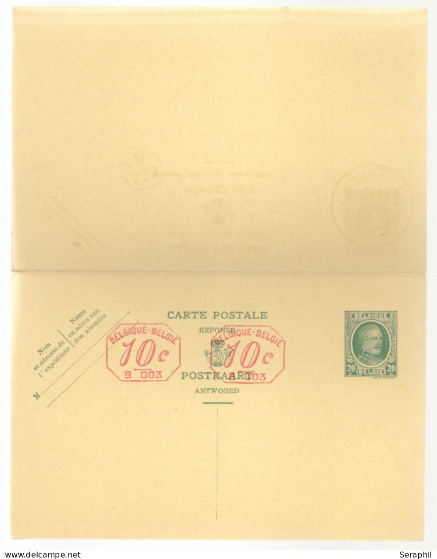 Entier Postal Type Houyoux N° 72 I - FN - 20 + 20c Vert - Avec Réponse Payée -  B003 2x 10c (RARE)  - 1931 - Antwoord-betaald Briefkaarten