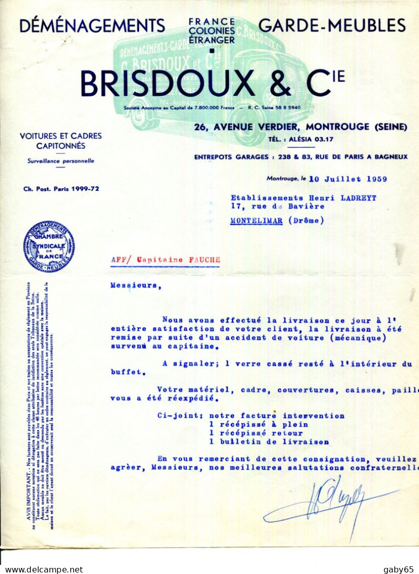 FACTURE.92.MONTROUGE.DEMENAGEMENTS.GARDE-MEUBLES.BRISDOUX & Cie. 26 AVENUE VERDIER. - Transportmiddelen