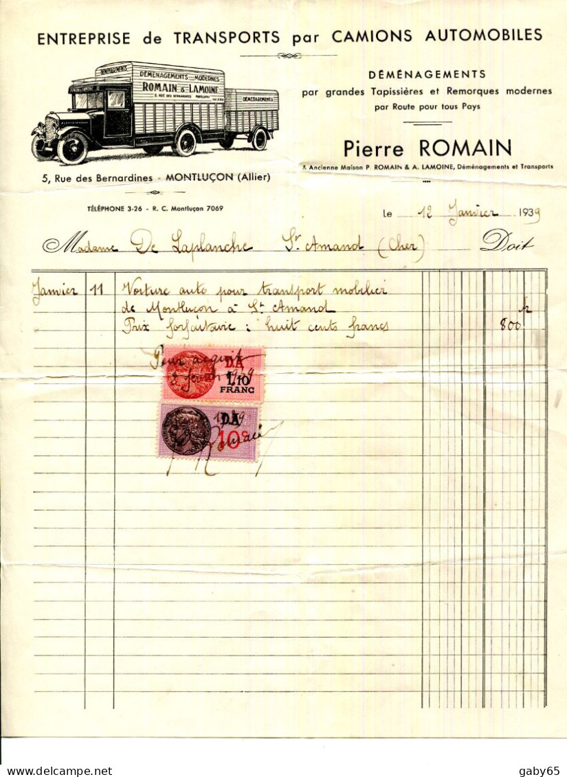 FACTURE.03.ALLIER.MONTLUÇON.ENTREPRISE DE TRANSPORTS PAR CAMIONS AUTOMOBILES.PIERRE ROMAIN 5 RUE DES BERNARDINES. - Transports