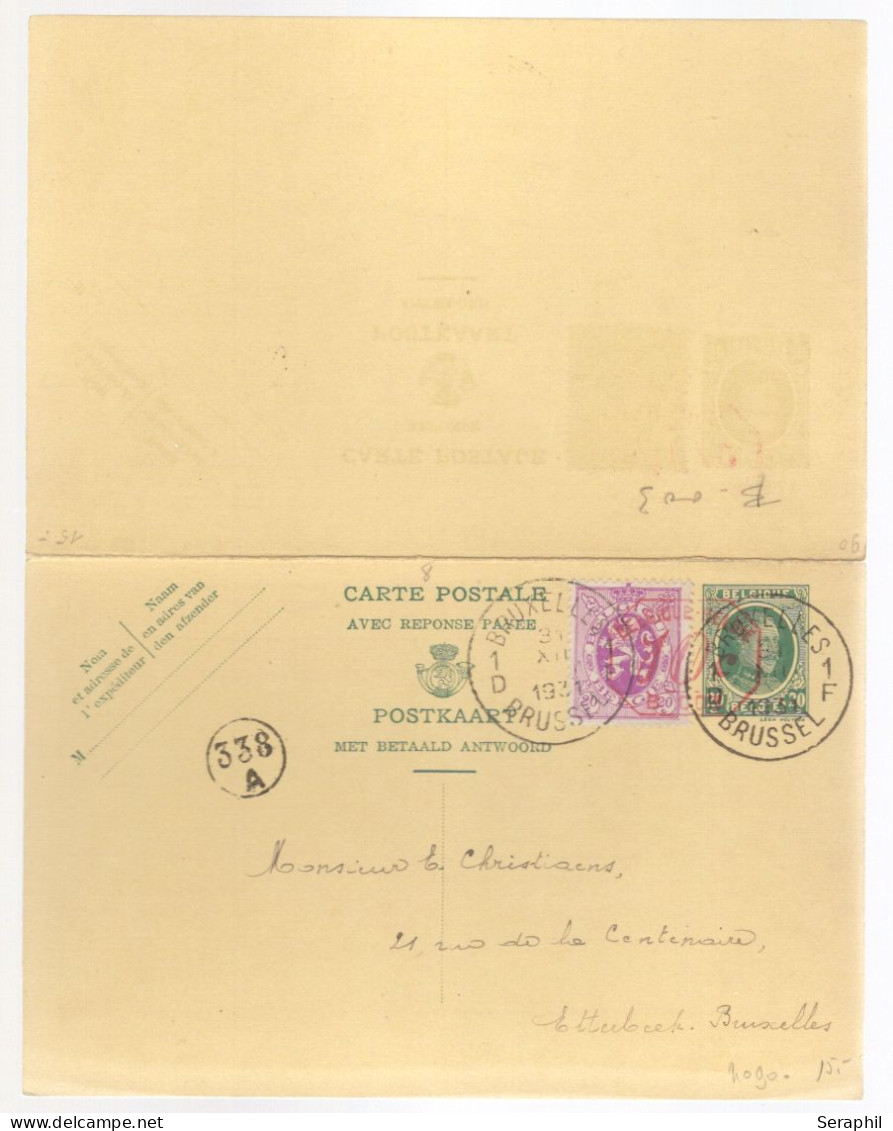 Entier Postal Type Houyoux N° 72 I - FN - 20 + 20c Vert - Avec Réponse Payée - 2x COB N°281- B003 10c   (RARE)  - 1931 - Cartes Avec Réponse Payée