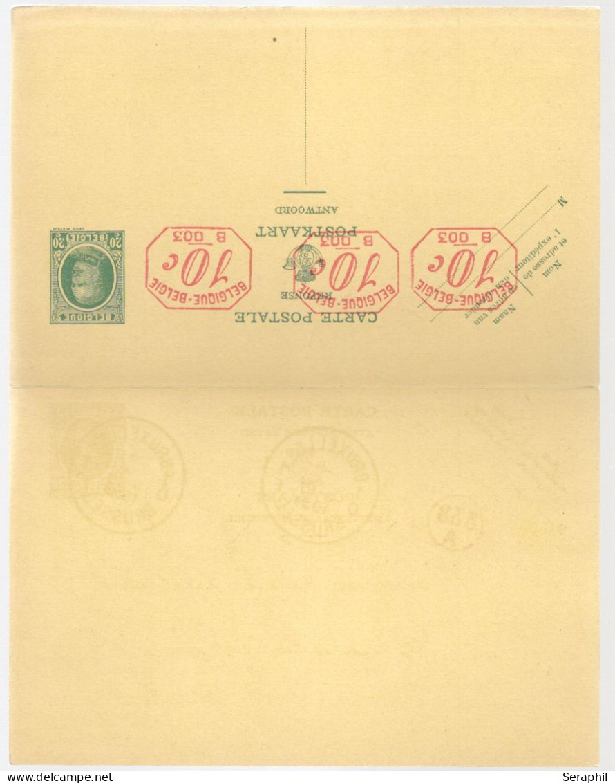 Entier Postal Type Houyoux N° 72 I - FN - 20 + 20c Vert - Avec Réponse Payée - B003 3X10c   (RARE)  - 1931 - Cartes Avec Réponse Payée