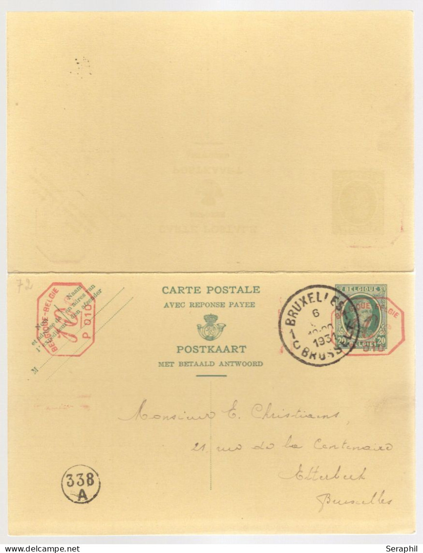 Entier Postal Type Houyoux N° 72 I - FN - 20 + 20c Vert - Avec Réponse Payée - P010 2X10c   (RARE)  - 1931 - Antwoord-betaald Briefkaarten