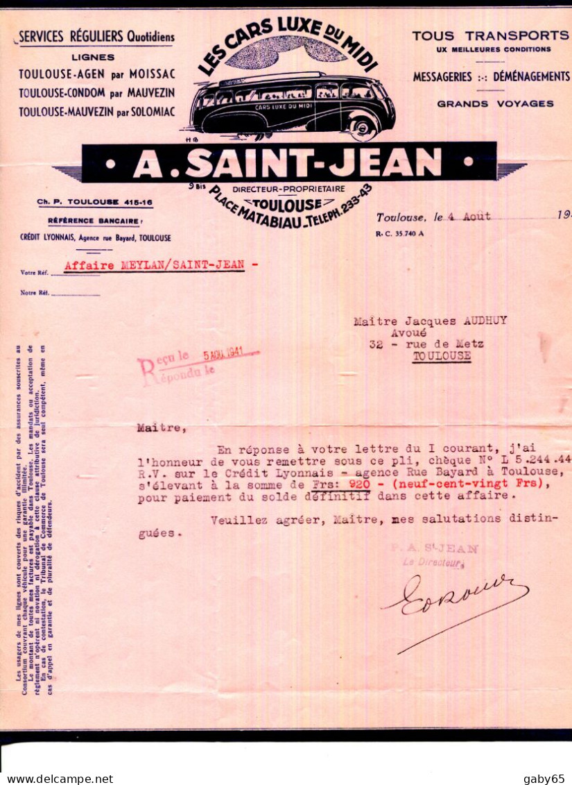 FACTURE.31.TOULOUSE.LES CARS DE LUXE DU MIDI.A.SAINT JEAN 9 BIS PLACE MATABIAU. - Transportmiddelen