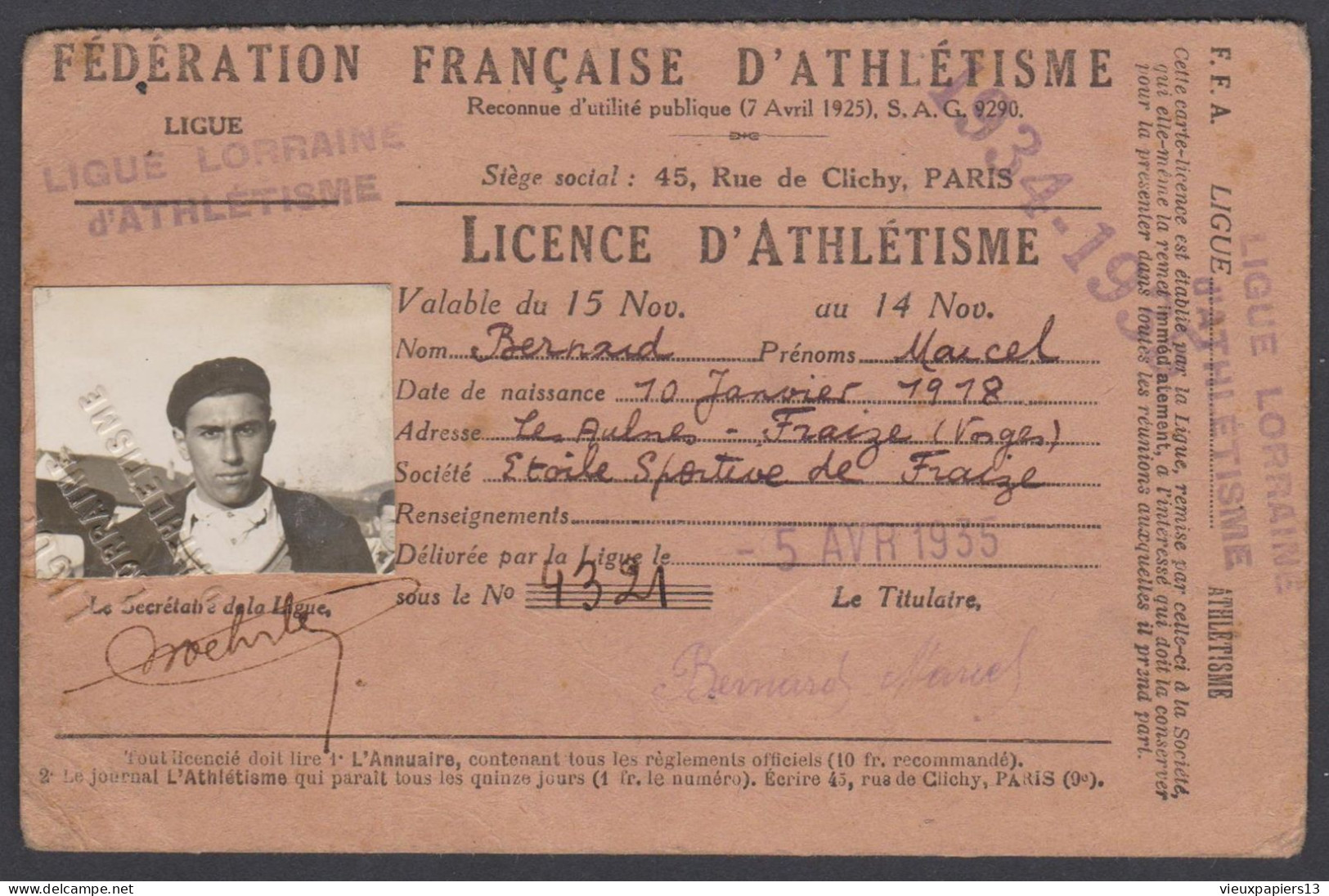 Licence D'Athlétisme 1935 - Ligue Lorraine D'Athlétisme - Etoile Sportive De Fraize (Vosges) - Bernard Marcel - Leichtathletik