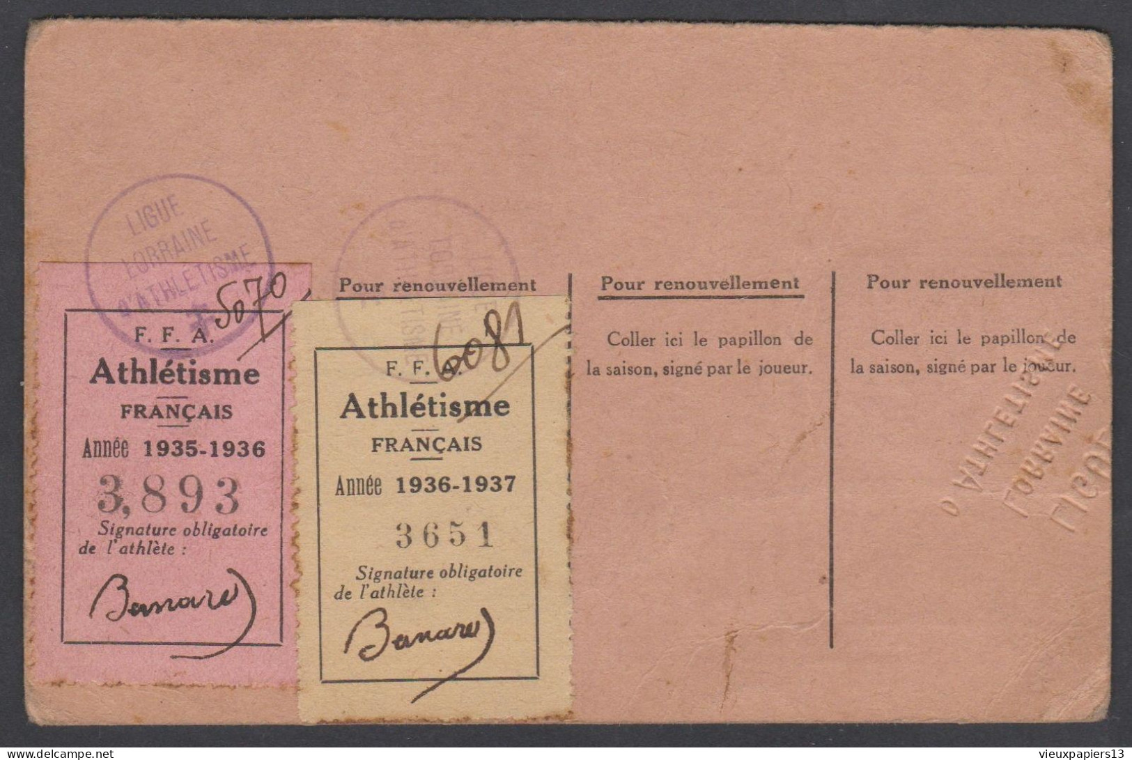 Licence D'Athlétisme 1935 - Ligue Lorraine D'Athlétisme - Etoile Sportive De Fraize (Vosges) - Bernard Marcel - Leichtathletik