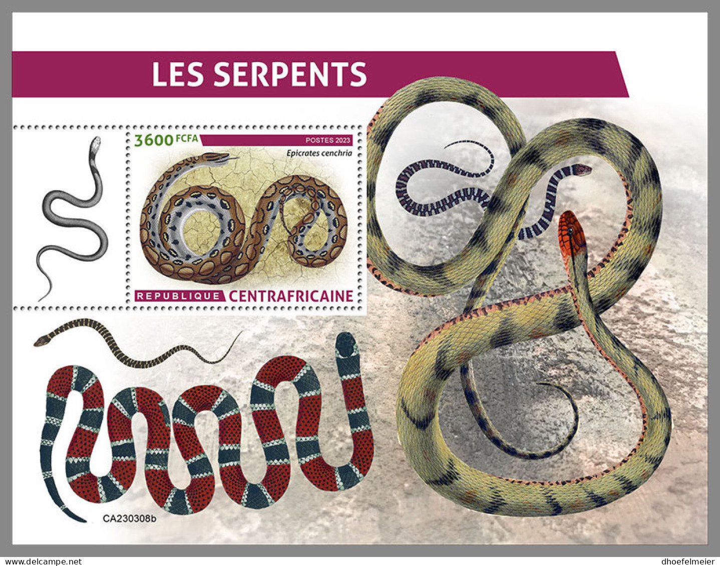 CENTRAL AFRICAN REP. 2023 MNH Snakes Schlangen Serpents S/S - OFFICIAL ISSUE - DHQ2337 - Serpents