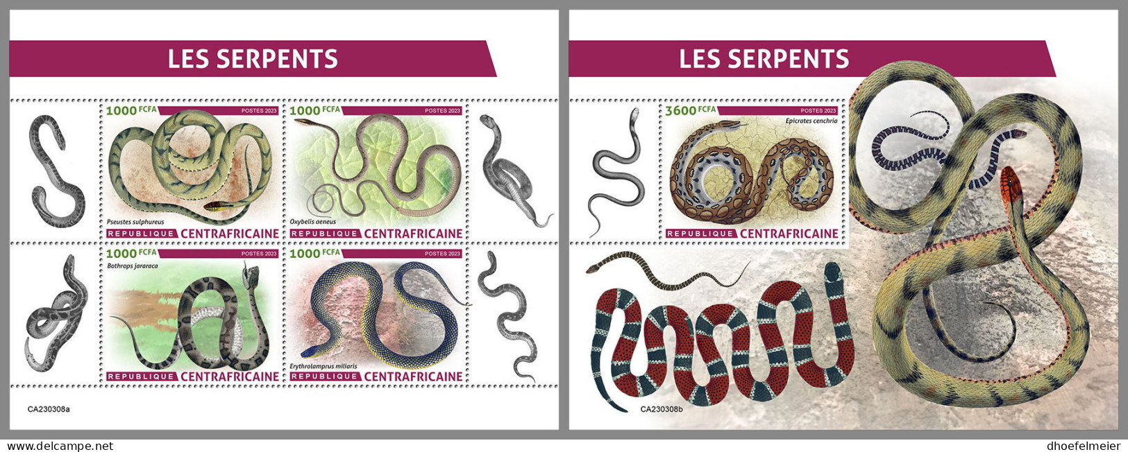 CENTRAL AFRICAN REP. 2023 MNH Snakes Schlangen Serpents M/S+S/S - OFFICIAL ISSUE - DHQ2337 - Serpents