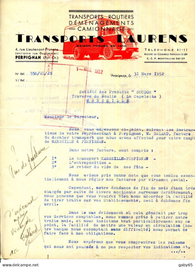 FACTURE.66.PERPIGNAN.TRANSPORTS ROUTIERS.DEMENAGEMENTS.CAMIONNAGE.TRANSPORTS LAURENS 4 RUE DU LIEUTENANT PRUNETA. - Verkehr & Transport