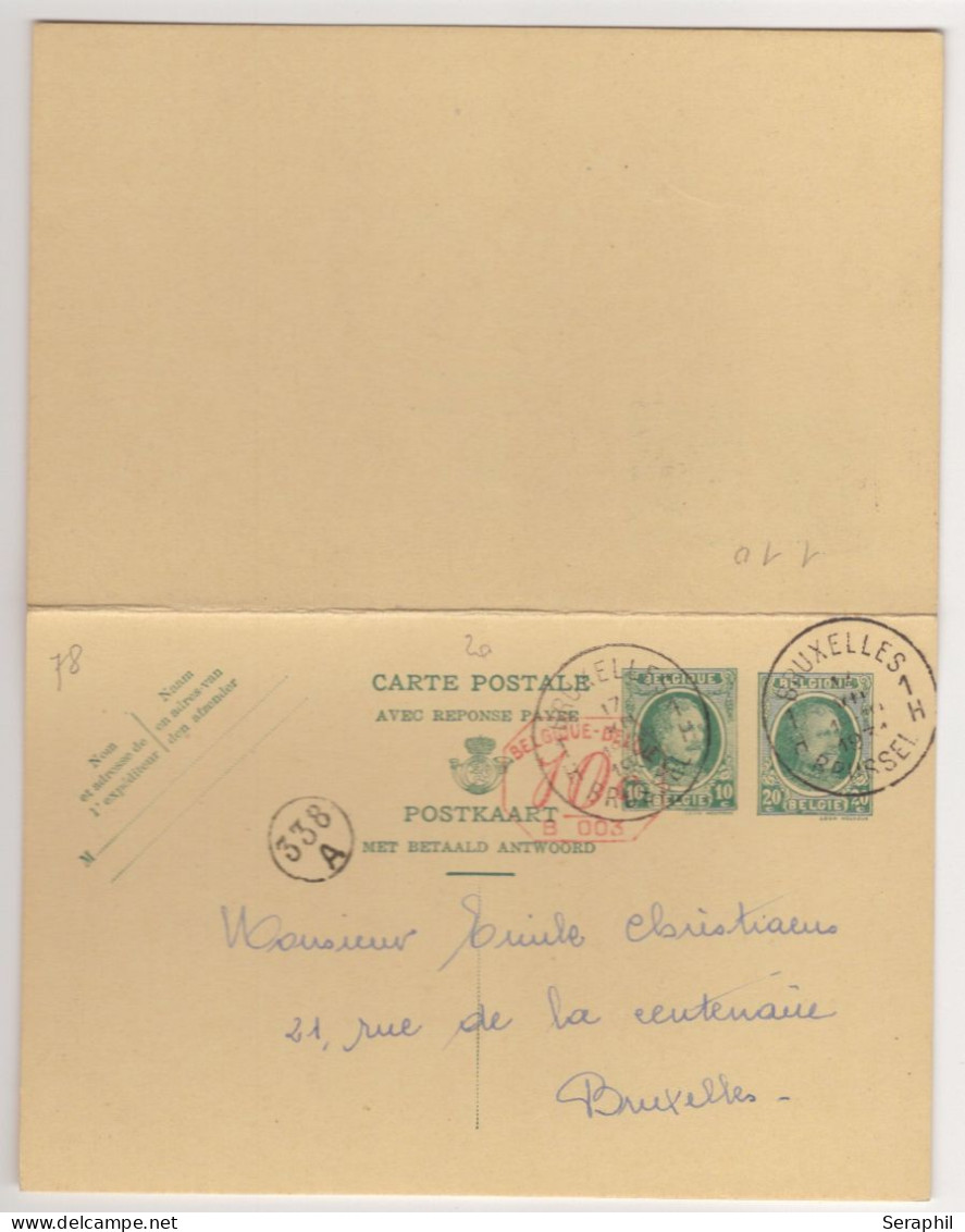 Entier Postal Type Houyoux N° 78 I - FN - 20 Et 10 + 20 Et 10c Vert  - Avec Réponse Payée - B003  10c  (RARE)  - 1931 - Tarjetas Postales Con Respuesta