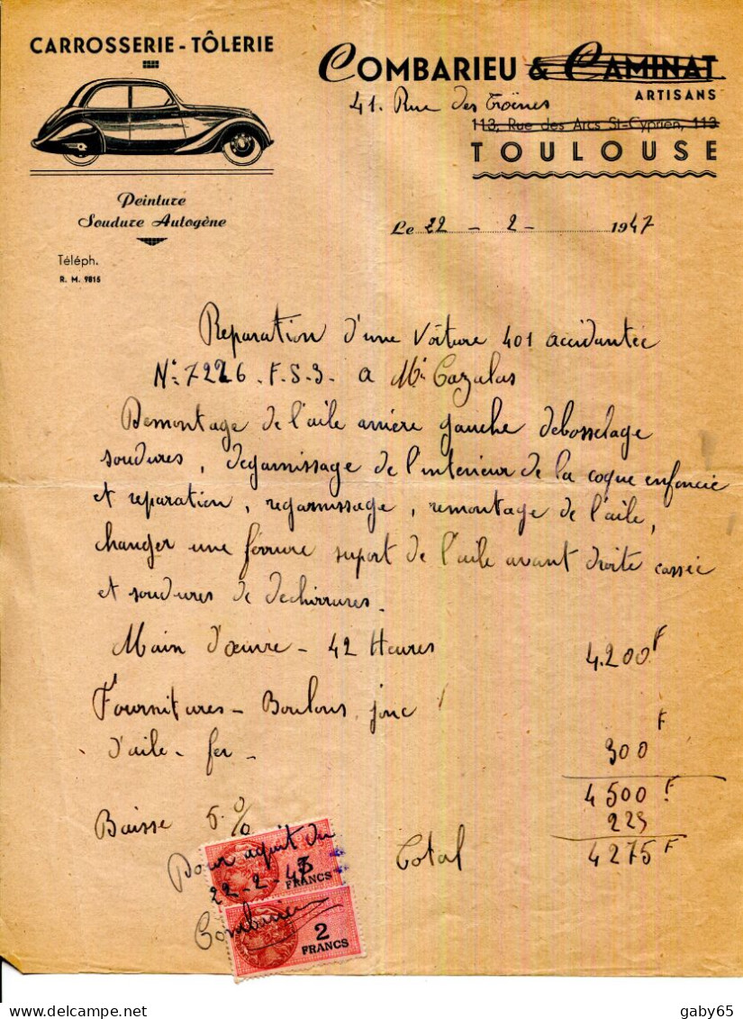 FACTURE.31.TOULOUSE.CARROSSERIE.TÔLERIE.PENTURE.COMBARIEU 41 RUE DES TROËNES - Automobile