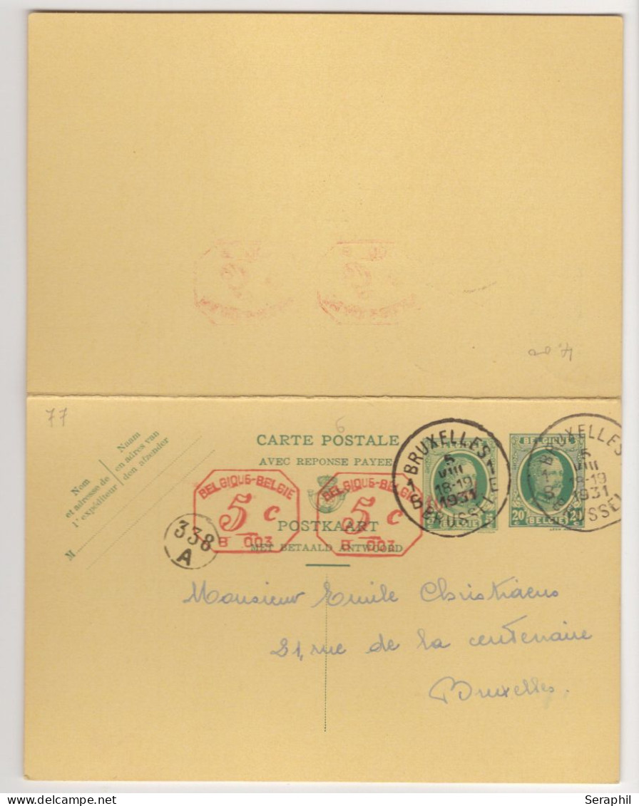 Entier Postal Type Houyoux N° 77 I - FN - 20 Et 10/5 + 20 Et 10/c Vert  - Avec Réponse Payée - B003 2x5c  (RARE)  - 1931 - Reply Paid Cards