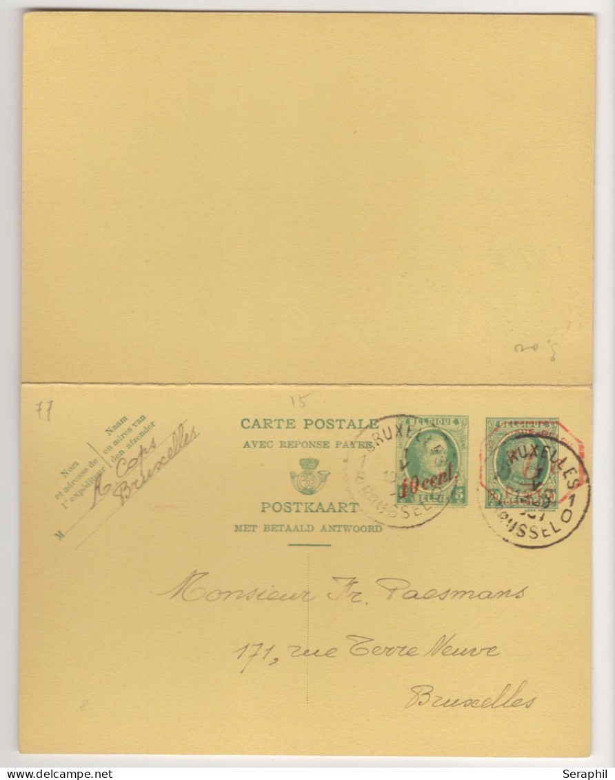 Entier Postal Type Houyoux N° 77 I - FN - 20 Et 10/5 + 20 Et 10/c Vert  - Avec Réponse Payée - P010 10c  (RARE)  - 1931 - Cartes Avec Réponse Payée