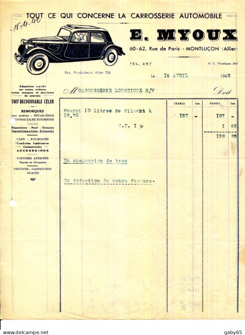 FACTURE.03.ALLIER.MONTLUÇON.TOUT CE QUI CONCERNE LA CARROSSERIE AUTOMOBILE.E.MYOUX 60-62 RUE DE PARIS - Auto's