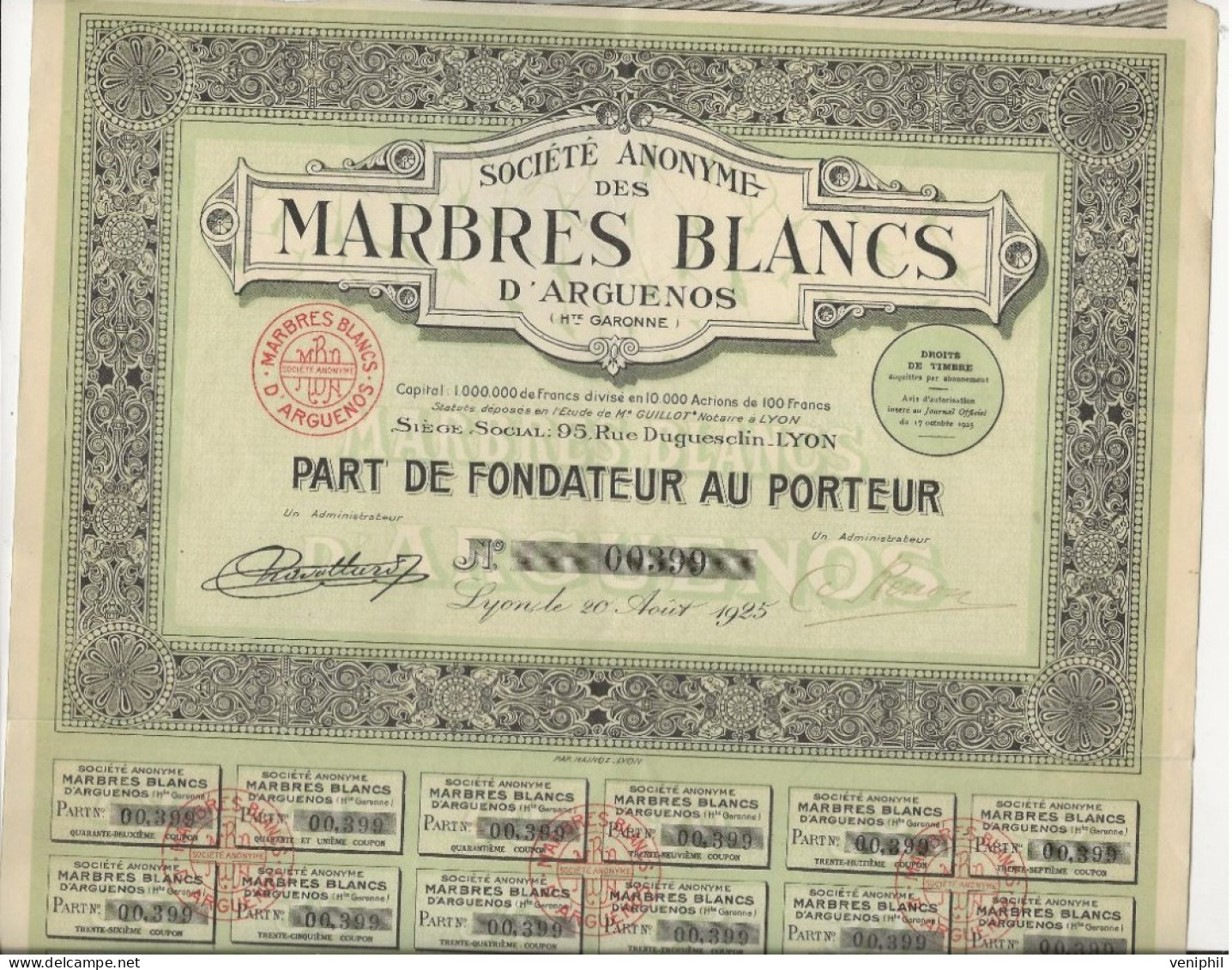 MARBRES BLANCS D'ARGUENOS - HAUTE -GARONNE - PART DE FONDATEUR  ANNEE 1925 - Other & Unclassified