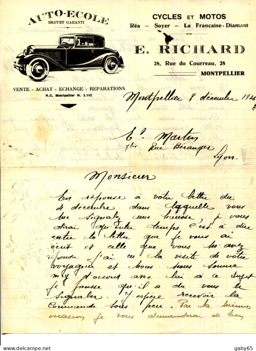 FACTURE.34.MONTPELLIER.AUTO-ECOLE.CYCLES.MOTOS.E.RICHARD 28 RUE DU COURREAU. - Automobile