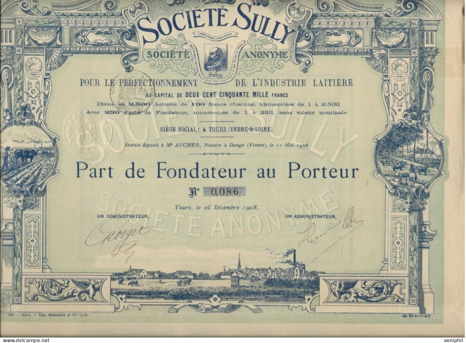 SOCIETE SULLY  - INDUSTRIE LAITIERE - PART DE FONDATEUR - ANNEE 1908 - Altri & Non Classificati