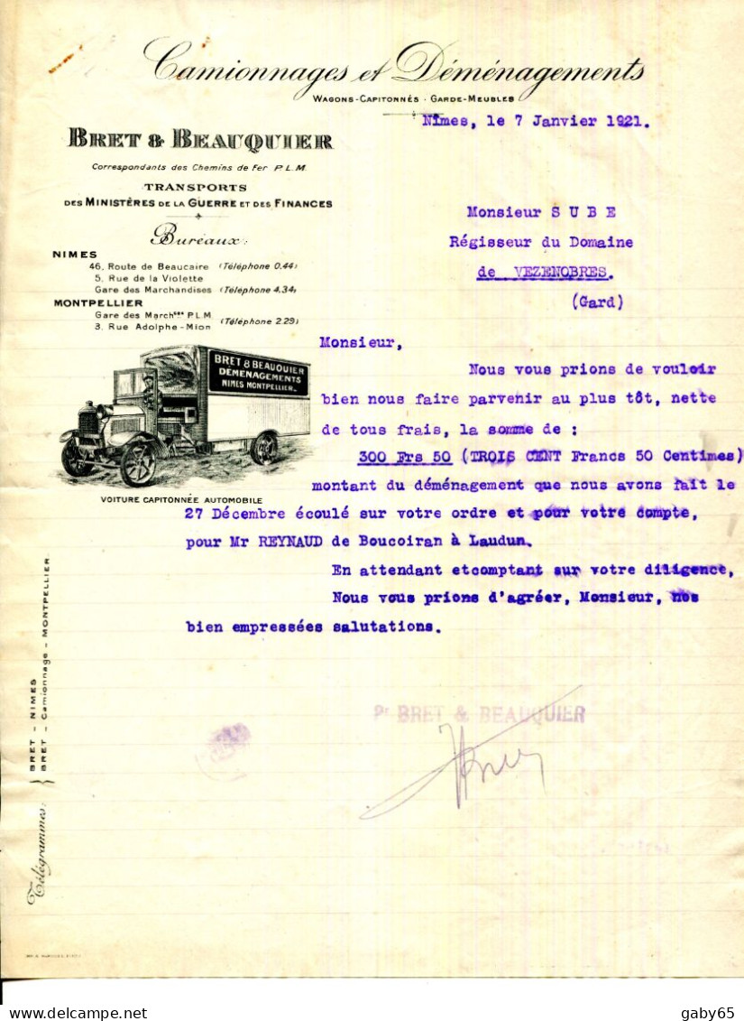 FACTURE.34.MONTPELLIER.30.NIMES.CAMIONNAGES.DEMENAGEMENTS.BRET & BEAUQUIER TRANSPORTS MINISTERE DE LA GUERRE & FINANCE. - Transportmiddelen