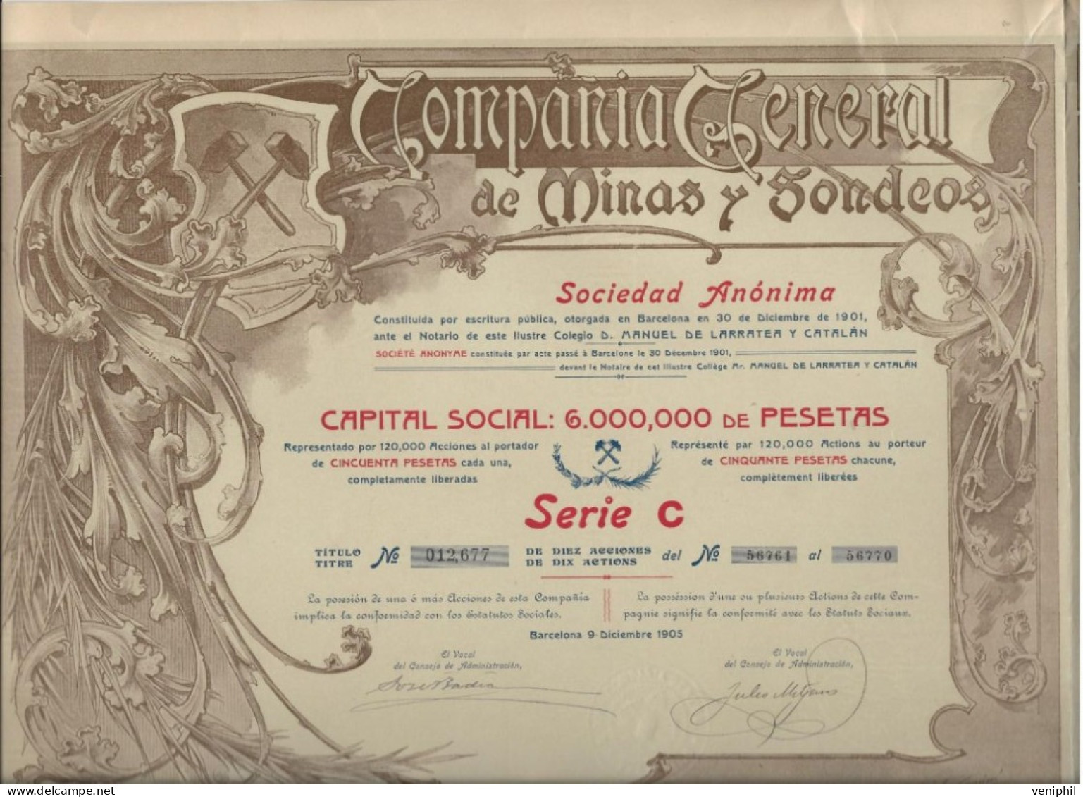 TITRE COMPAGNIE GENERAL DES MINES  Y SONDEOS - BARCELONNE - ANNEE 1905 - Miniere