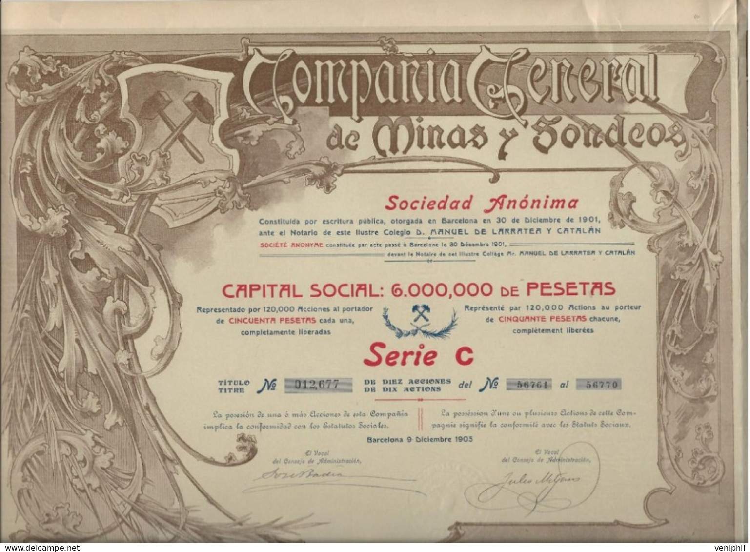 TITRE COMPAGNIE GENERAL DES MINES  Y SONDEOS - BARCELONNE - ANNEE 1905 - Mines