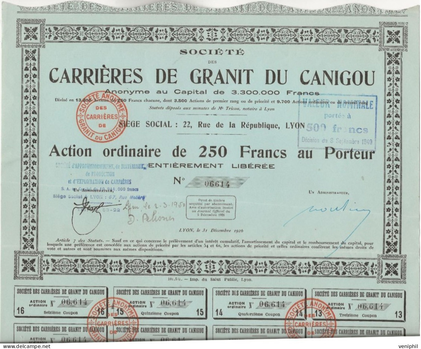 CARRIERES DE GRANIT DU CANIGOU -  ACTION DE 250 FRS  - ANNEE 1925 - Andere & Zonder Classificatie