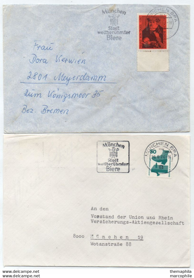 BIERE - BEER - BIER / 1967  & 1974 ALLEMAGNE - MUNCHEN - 2 OBLITERATIONS ILLUSTREES SUR LETTRE (ref 7830) - Bières