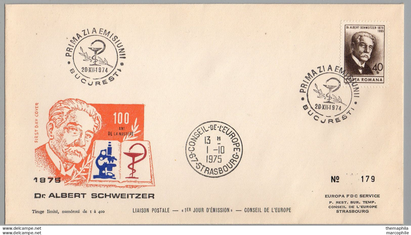 ALBERT SCHWEITZER / NOBEL - 1974 ROUMANIE FDC NUMEROTE (ref 7248) - Albert Schweitzer