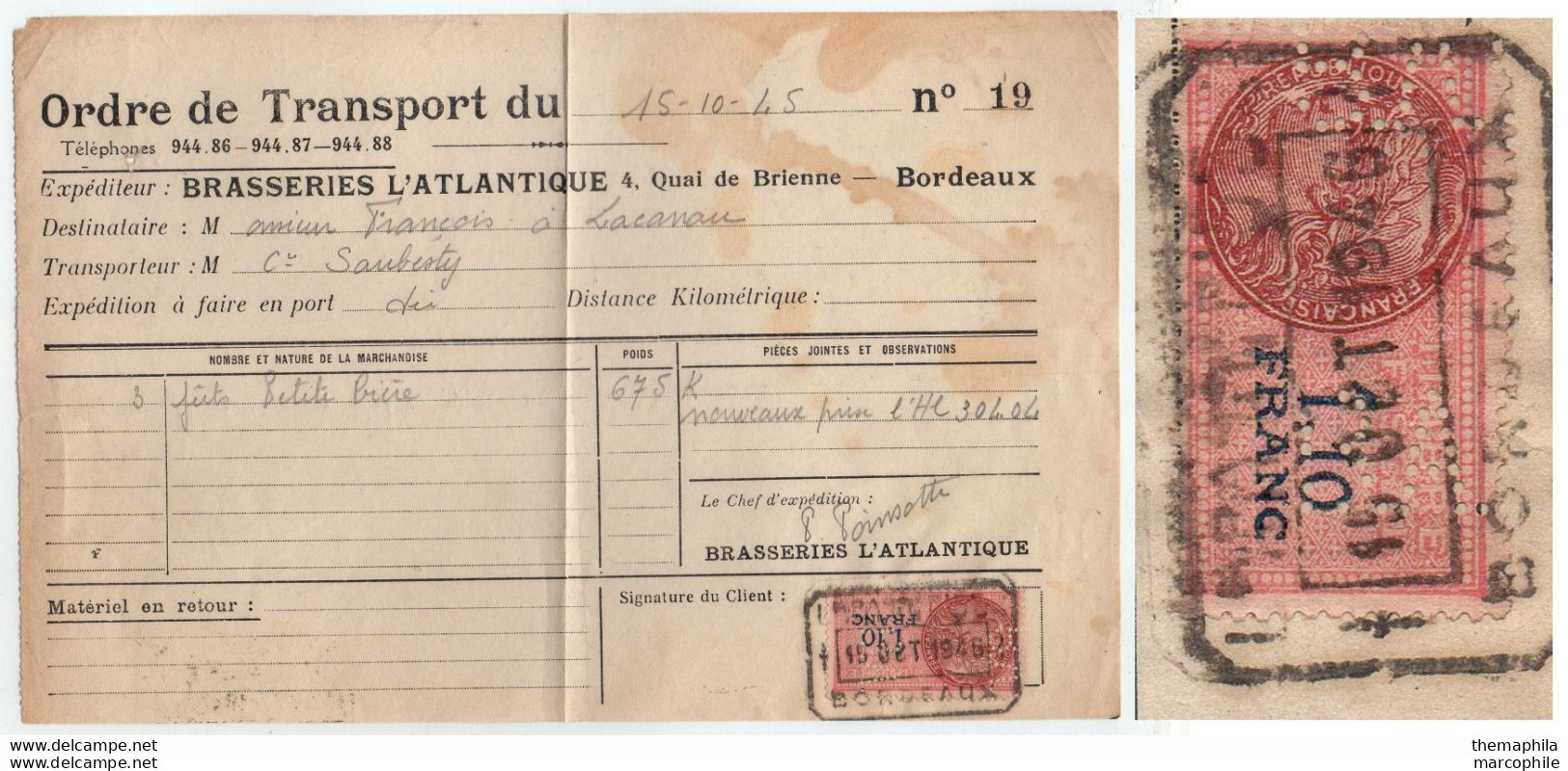 BIERE - BEER - BIER / 1945 FISCAL PERFORE "BA" BRASSERIES L'ATLANTIQUE - BORDEAUX - SUR DOCUMENT (ref 790a) - Biere