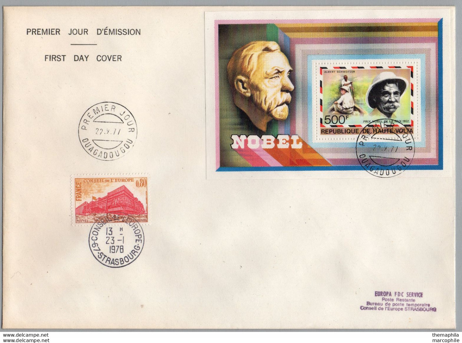 ALBERT SCHWEITZER - PRIX  NOBEL / 1977 HAUTE VOLTA BLOC SUR ENVELOPPE FDC (ref GF259) - Albert Schweitzer