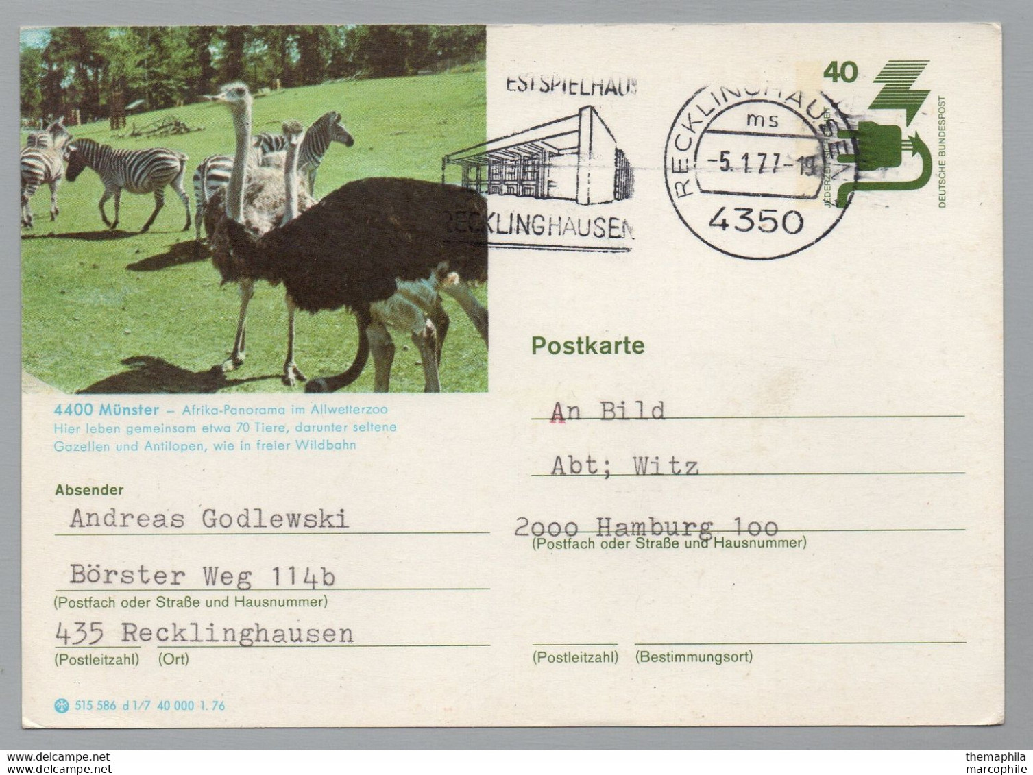 AUTRUCHE - OSTRICH / 1977 ALLEMAGNE ENTIER POSTAL ILLUSTRE VOYAGE (ref 1058e) - Struzzi