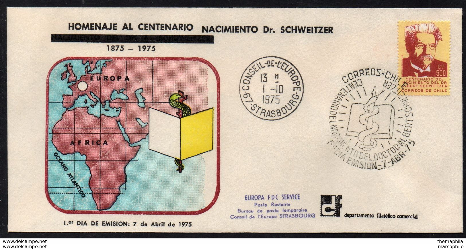 DOCTEUR ALBERT SCHWEITZER - NOBEL / 1975 CHILI ENVELOPPE FDC (ref 2636f) - Albert Schweitzer