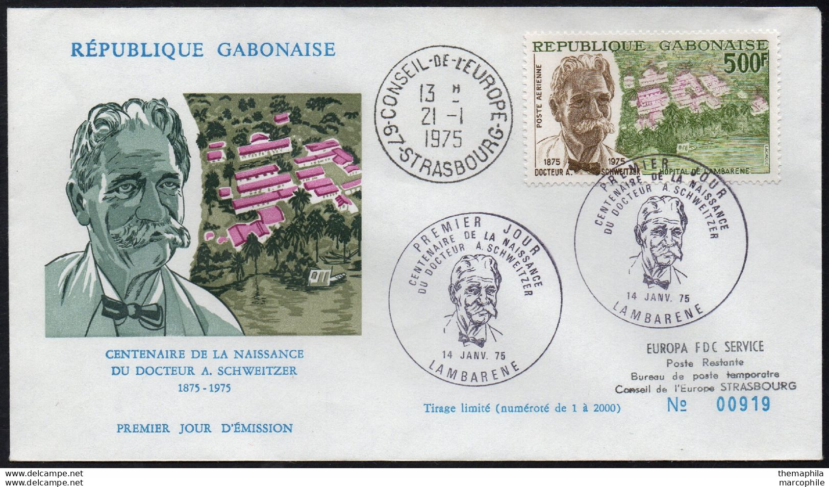 DOCTEUR ALBERT SCHWEITZER - NOBEL / 1975 GABON ENVELOPPE FDC NUMEROTEE (ref 2638d) - Albert Schweitzer