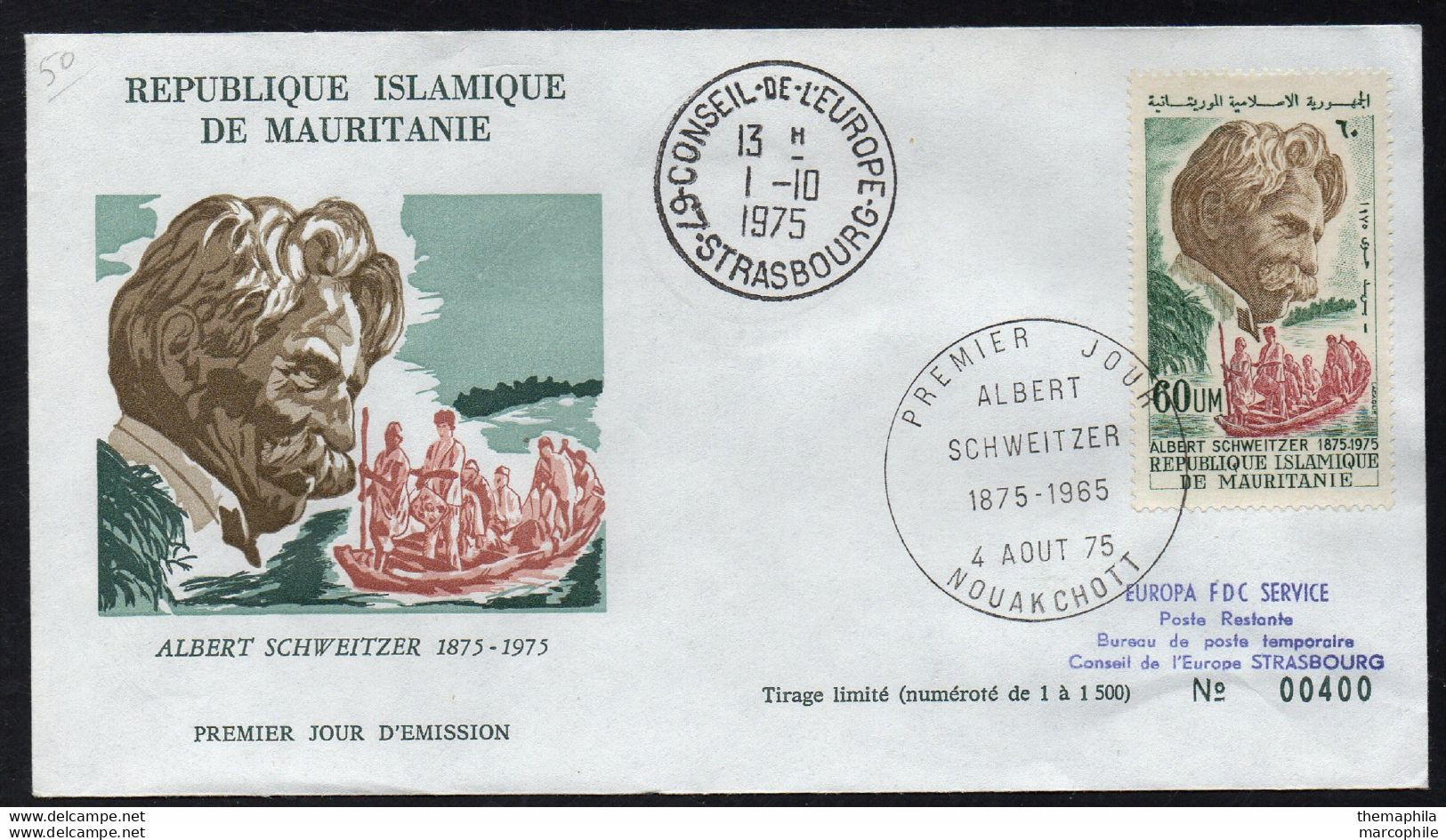 DOCTEUR ALBERT SCHWEITZER - NOBEL / 1975 MAURITANIE ENVELOPPE FDC NUMEROTEE (ref 2638f) - Albert Schweitzer