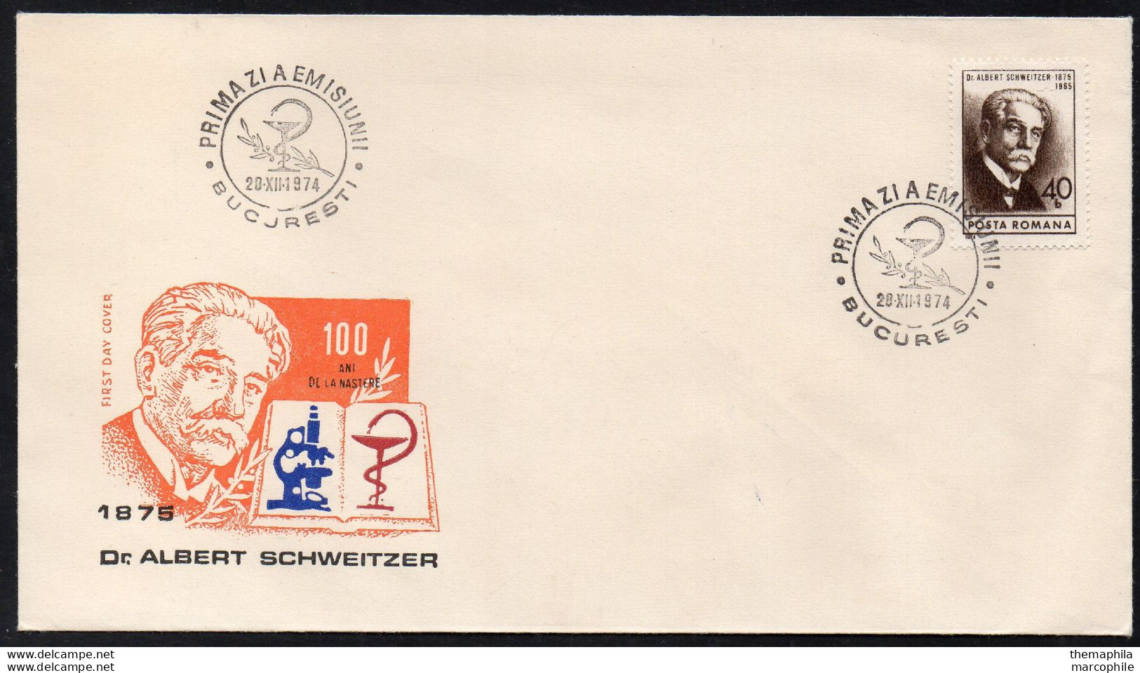 DOCTEUR ALBERT SCHWEITZER - NOBEL / 1974 ROUMANIE ENVELOPPE FDC(ref 2704a) - Albert Schweitzer