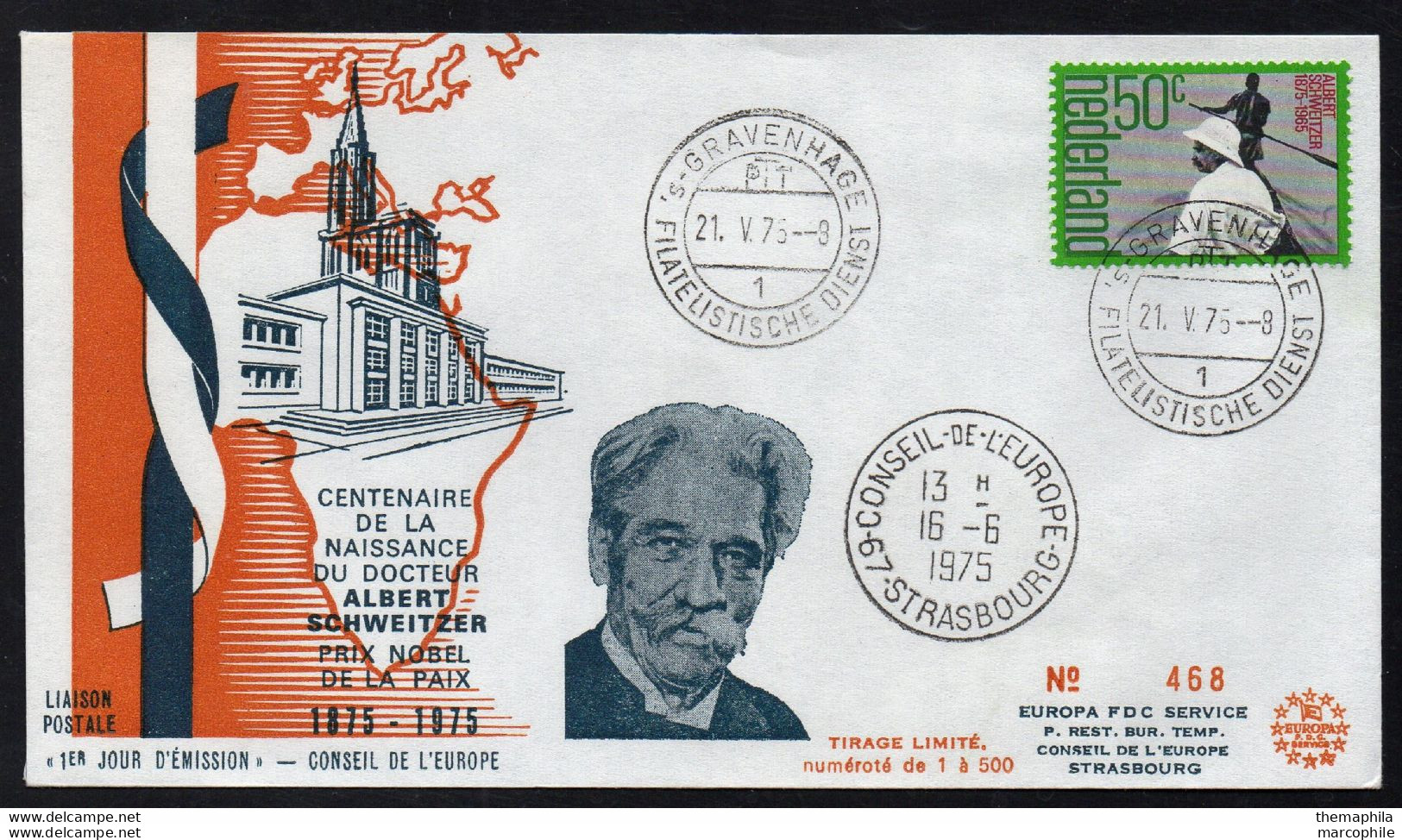 DOCTEUR ALBERT SCHWEITZER - NOBEL / 1975 PAYS BAS ENVELOPPE FDC NUMEROTEE (ref 2704c) - Albert Schweitzer